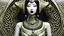 Placeholder: pale alien woman wearing exotic clothing. Black hair bob