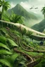 Placeholder: vegetation crashed airplane in the jungle surrounded with mountains monkeys and snakes