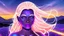 Placeholder: Full body portrait of a peaceful smiling gorgeous blonde Goddess of the galaxies with a blue indigo purple skin, high skul, luminous eyes in a galactic sunset