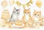 Placeholder: beautiful composition, cat birthday party with cake, watercolor and ink, golden glitters in ochre in sunshine