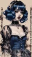 Placeholder: Poster in two gradually, a one side malevolent goth vampire girl face and other side the Singer Melanie Martinez face, full body, painting by Yoji Shinkawa, darkblue and sepia tones,