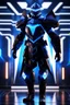 Placeholder: neon blue, floating parts of armor in form of light triangle orbiting behind the back, cyber armor, geometric patterns on armor, male, orbiting triangle