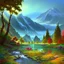 Placeholder: Serene landscape by day with sunlight beams with river running trough mountains, a forest with a lot of vibrant colors, in the style of bob ross, thomas kadinskade and albert bierstadt. Peacefull and calming, intricate details, vibrant.