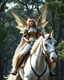 Placeholder: Beautiful Queen Elf Fairy wings adorned luxurious armor,she on riding white unicorn horse,beautiful forest giant trees oaks background