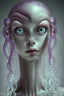 Placeholder: gorgeous ethereal female humanoid model, tentacle hair, looking downward, piercings, beautiful face, mesmerizing starry eyes, smooth translucent skin, transcendental