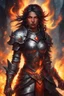 Placeholder: Visualize a commanding female Paladin Druid with bright red eyes effortlessly conjuring flames with her hands. Picture her black, half-braided hair seeming ablaze, surrounded by the glow of magical embers. Clad in lightweight armor, she relies on fire and magic, a scar on her face telling tales of battles on her tanned skin, embodying strength and elemental mastery.