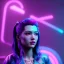 Placeholder: Pretty cyber woman, blue hair, sci-fi, sweet face, black, natural, pink, geisha style, symmetric plane, neon style, a lot of led lights, fog, rain, leather coat, vibrant color, highly detailed, art stations, concept art, smooth, unreal engine 5, god rays, ray tracing, RTX, lumen lighting, ultra detail, volumetric lighting, 3d, finely drawn, high definition, high resolution.