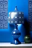 Placeholder: Portuguese tiles pattern ceramic vase with a blue big lampshade on a blue background