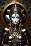 Placeholder: female humanoid robot, beautiful like a supermodel from the sixties, beautiful eyes, sexy, helmut newton, glass bubble, elephant sculpture, lord ganesha