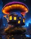 Placeholder: An illogical floating mushroom house on a clear moonless night. . Bright Bold Bright Colors, yellow blue white, Starry Dark cosmic interstellar. Detailed Matte Painting, deep color, fantastical, intricate detail, splash screen, hyperdetailed, insane depth, concept art, 8k resolution, trending on Artstation, Unreal Engine 5, color depth, backlit, splash art, dramatic, High Quality Whimsical Fun Imaginative Bubbly, perfect composition