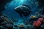 Placeholder: An underwater ancient stone-metalic metropolis , old stones, rocks, dark corals, black plants, mystic and alien sea creatures , ancient big metalic fish, deep sea, dark colors, plae lights, realistic textures, surreal, dark fantasy, sci-fi mood, thriller atmosphere.