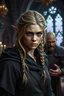 Placeholder: create a create a female half-elf, medium dark blond hair, loose unkempt braids, dark grey eyes, realistic proportions, wearing a fitted hooded cloak, dirty, shocked expression being attacked by enraged father older male elf in a castle courtroom