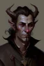 Placeholder: an older tiefling man, he has dark brown hair and looks a little dishelved, he wears a lot of jewelry and worn leather, he looks kind