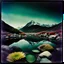 Placeholder: Sublime foto close-up polaroid ad alta definizione di una montagna rocciosa, un lago, surreale, colors, cityscape scifi, collage art, dadaism, sublime, splimapys nero, cielo nero, acqua nera riflette un sole nero, macabre piante circondano il lago, alghe, hypermaximalist, Max Ernst style, strangeness, intricate, hypnotic, obsessive, Yves Tanguy, 8k, deep 3d field, very accentuated details of the rocks and sht frn, eerie, artistic photo, shot on Hasselblad, large format film, medium format film