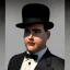 Placeholder: A half body portrait of a 1930s Italian-American businessman in his late 20s with a black bowler hat and a suit. He is obese and has black hair