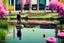 Placeholder: Modern city, people, pond, flowers