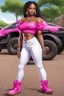 Placeholder: Create a digital airbrush cartoon of a curvy African American female wearing tight white jeans and a off the shoulder hot pink blouse. She is also wearing timberland boots. Prominent make up with hazel eyes. Highly detailed very long extremely braids of black hair. Her skin is smooth and silky. Background of a track of ATV riders.