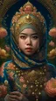 Placeholder: Beautiful face Indonesia hijaber Princess front view portrait, adorned with giant Jasmine, and lily flower ,roses , golden pearls , zafir gemstone headress, wearing floral, lace, pearls, zafirs ornate indonesia costume, organic bio spinal ribbed detail of Indonesia style full jasmin and rose and persian garden background by the moonlight extremely detailed hyperrealistic maximalist portrait art, 8k, UHD