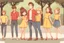 Placeholder: a cute chibi spanish man with short curly brown hair cropped at the back in yellow T-shirt and jeans with a cute chibi contented girl with long brown hair and brown eyes in a red elegant jumpsuit and red high heels, and a chibi girl with blonde brown hair in a beige dress dancing dynamically in Madrid in the Retino park, in the moonlight, ethereal, cinematic postprocessing, airplane in the sky