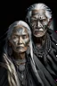 Placeholder: a photo of an Aztec man and woman with ethnic jewelry, grey hair and grey flowing robe, in style of Annie Leibovitz, contemporary portrait of a mature yet beautiful and modernist, black and grey, detailed face, swirling fluid smokey enigma, award-winning artwork