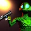 Placeholder: Alien, snake, metaljellyfishsombrero, vest, hands, holding gun, holster, steel military boots, squishy, chest plate, oxygen mask, bulbus nos snout, reptile pupil, blasterrifle, moonscape