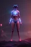 Placeholder: 3d, si-fi hunger, girl middle stand on round platform, connected by wires , vr googles, beautifully color coded, super detailed, moody lighting, volumetric lighting, night time, glowing veins, mass effect, vertical light glow