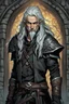 Placeholder: ancient grizzled, gnarled elf mage, he has long, grey hair streaked with black, highly detailed facial features, and sharp cheekbones. His eyes are black. He wears weathered medieval leather clothes. he is lean and tall, with pale skin, full body with thigh high leather boots and has a dark malevolent aura in the comic book style of Bill Sienkiewicz and Jean Giraud Moebius in ink wash and watercolor