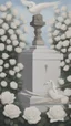 Placeholder: A grave in a field of white roses. Above the grave are swan feathers, a carved dagger, and white lace cloth.cinematic.oil painting asthetic