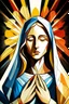 Placeholder: A stylized portrait drawing of colored tiles of Mary the mother of Jesus with long hair, wearing a white veil and surrounded by a geometric halo of rays of light against a dark background- cubism style