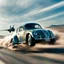 Placeholder: a high definition screen shot of a jet-fighter vw-beetle, retrofuturistic, phototrealism, in flight, one subject, should have wings with atleast one exposed jet on each wint or one coming throught thr front and center of the vehicle.