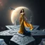 Placeholder: A breathtaking cosmic fantasy scene featuring a stunningly realistic beautiful woman with a perfect face and sculpted figure standing gracefully at the center of a floating geometric platform in deep space. She wears an elegant flowing gown in vibrant gold and blue hues that billow around her perfect form. The huge platform is constructed from dark cobblestone-like blocks arranged in a star shape and Space Station landed over it. Surrounding her are CIFI buildings
