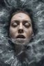 Placeholder: A realistic , 8k high quality image of a person's face from above, face is covered with a plastic, can't breath, suffocating with the face showing like vacuumed under the plastic, eyes open and looking in fear, metaphorically depicting the suffocating grip of anxiety, gothic and dramatic, chaos80 , with debree flying around, abstract