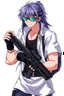 Placeholder: male cyberpunk solo with long hair tail, Norwegian, Wearing Leisureware and mirrored sunglasses, armed, wearing gloves without fingers, lean, nice, correct hands, 90s Anime Style, Retroanime, Video Game Character,