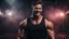 Placeholder: Hyper Realistic handsome muscular man in black-tank-top giving ATTRACTIVE-SMILE in a dark gym full of maroon-fog at night showing dramatic & cinematic ambiance