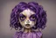 Placeholder: full color, illustration of a darkpurple and gold tones, menacing, Singer Melanie Martinez face, as a decayed, broken, crude homemade cloth doll toy, with a narrow cracked porcelain face, thick dark eyebrows, hair in two gradually, made from ragged strips of cloth, in the style of Alex Pardee, Tim Burton, and Nadya Sheremet