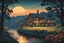 Placeholder: museum quality color woodcut landscape of a fanciful 1920's rustic French country cottage nestled on the banks of the Dordogne River, on a foggy moonlit night, in the style of Gustave Baumann, with a fine art aesthetic, highly detailed, finely cut ,8k render, soft early Spring colors