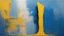 Placeholder: a tough oil brush blue and yellow abstract on rough canvas make a surreal figure of a very tall and thin sculpture