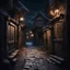 Placeholder: Hyper Realistic man walking between a prehistoric narrow street with ancient wooden houses gates at dark night