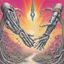 Placeholder: Wish You were here, Robot arm shaking hands with human hand, surrealism, by Jim Woodring and Gerald Scarfe, maximal psychedelic Pink Floyd wonderland, detailed, fine lines, sharp focus, vivid