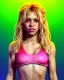 Placeholder: portrait, Shakira, blonde artist, Realistic image, drinking a strawberry milkshake, pink line make-up, sweat, fog, goddess style, Neon colors, leds. Color background, photo studio, concept art, smooth, unreal engine 5, god lights, ray tracing, RTX, lumen lighting, ultra detail, volumetric lighting, 3d, finely drawn, high definition, 4k.