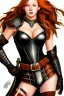 Placeholder: concept illustration, ultra detailed, super-detailed, strikingly beautiful teen female, 16 years old, long ginger hair, medium freckles, full lips, full body, full face, b-cup breasts, athletic, centred camera, ignore NSFW, skimpy brown fantasy leather armor, halter top, micro thong, knee-high leather boots, stern expression,