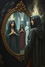 Placeholder: a hooded woman standing in front of a mirror with reflection of her as a beautiful queen with a spiritual background the mirror, in the dark cave with waterfalls in the background, Bosch painting style
