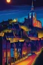 Placeholder: Illustration of Edinburgh, vivid colors, details, realistic, by night