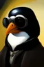 Placeholder: Pengu, oil painting. pengu cover 1970, closeup dnd business style. sunglasses, cape.