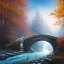 Placeholder: close up on white horse on the bridge, spray painted fantasy art, book cover ,the stairs of a bridge or an opening dam in magical forest,autumn icy water