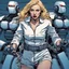 Placeholder: The anger of an detained attractive woman with wavy blond hair with handcuffs in a straitjacket fighting as she is dragged to her cell by two dark blue robots