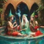 Placeholder: three elves in a harem smoking hookah in a pool