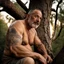 Placeholder: close up photography of a marocan 58 years old seated on a tree trunk in the wood, burly chubby muscular , big shoulders, manly chest, bulging hunter trouser , shirtless, hairy , golden hour, tatoo, 35mm lens, f/1.8, accent lighting, global illumination, frontal view from the ground