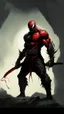 Placeholder: Venom symbiote with kratos Beard and red tattoos and Clothes, holding blade of choice