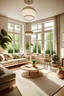 Placeholder: livingroom, casual, hohe Räume, fischgrat Nussbaum, hell, naturtöne, grosse Fensterfront, indirektes Licht